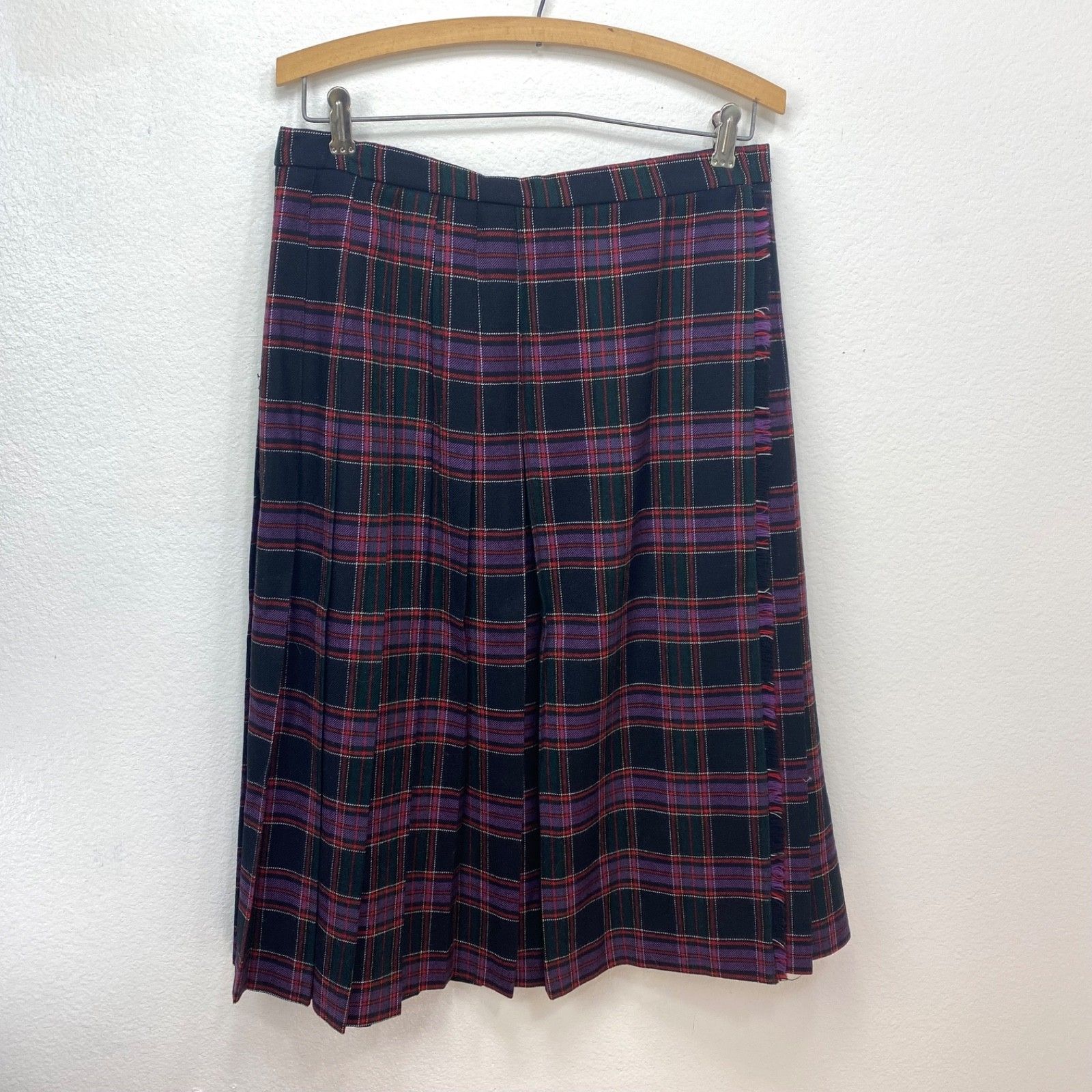 Vintage Givenchy Pleated Wrap Wool Skirt Large Black Purple Red Preppy Academia
